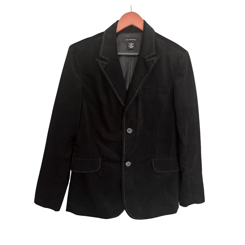 Calvin Klein Jeans Mens M Black Velvet Contrast Stitch Blazer Jacket Sport Coat